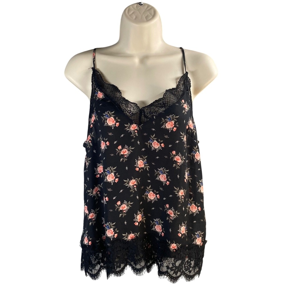 Y2k Cami‎ Top Size 8 Black Floral Lace Trim Tank Fairy Grunge Whimsigoth 90s